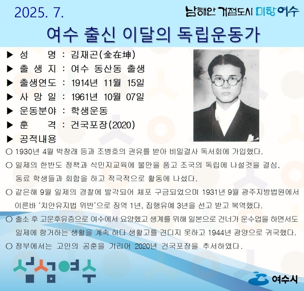 9 여수시, 7월의 독립운동가 동산동 태생 ‘김재곤 선생’ 선정.jpg